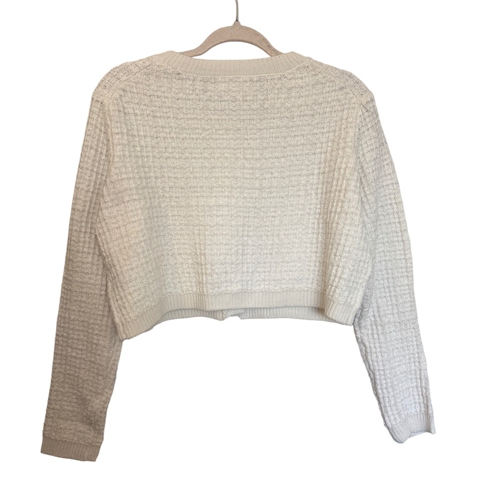 Jessica Simpson Womens Cream White Textured Knit Cropped Pearl Button Cardigan L - Picture 3 of 8